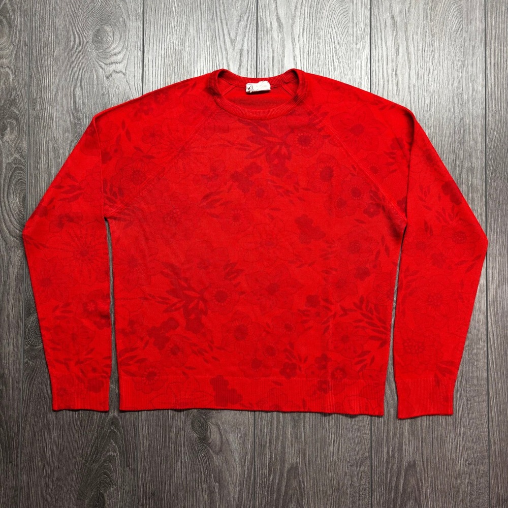 Vintage St Michael Red Floral Jacquard Knit Sweater 80s Raglan Crewneck UK 14 36
